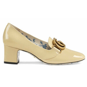 Gucci Victoire 55 Sand Storm Patent Leather Block Mid Heel Mule Loafer Pump 39